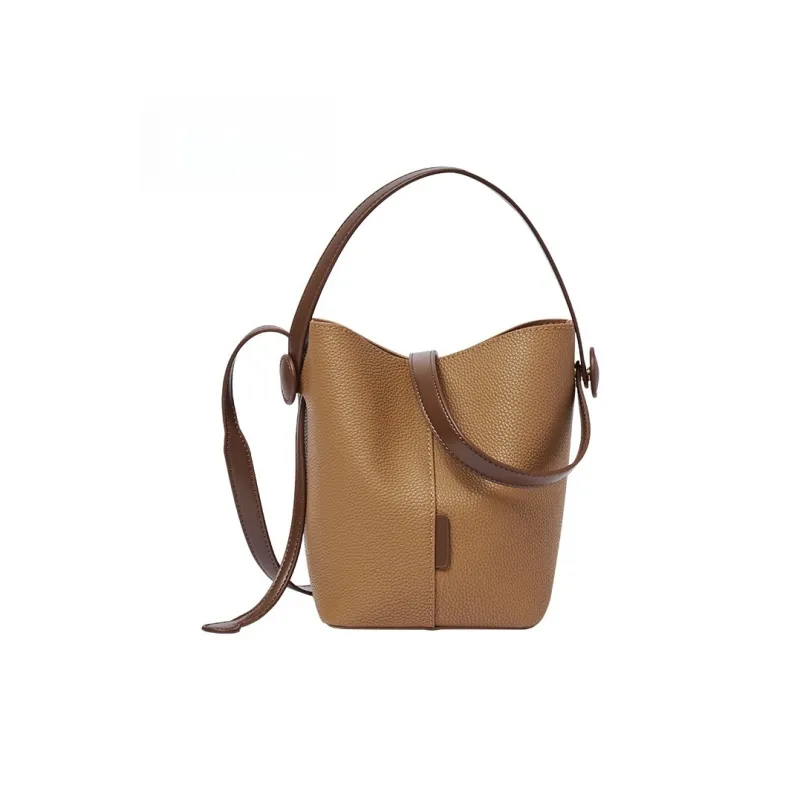 CNNCOO Cow Leather Bucket Bag, One Shoulder Handbag Women's Salt Khaki/Trench Gray-5
