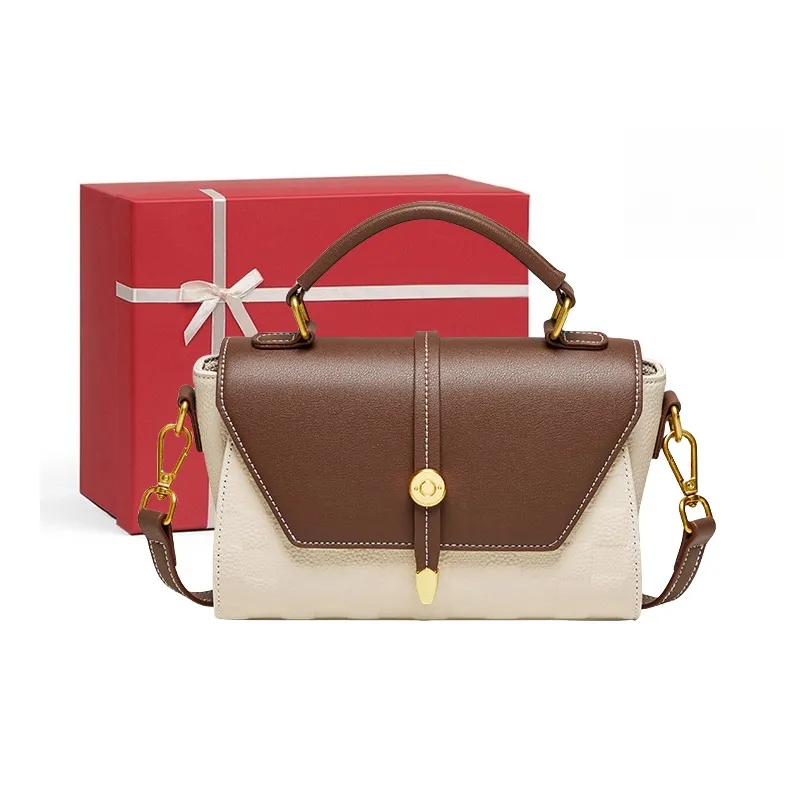 CNNCOO Cow Leather Handbag Women's Ecru & Brown/Elephant Gray-0