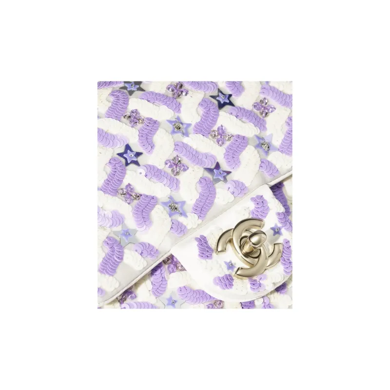 CHANEL Embroidered Silk Satin With Sequins Flap Bag, Crossbody Bag, Shoulder Bag Women's Purple & White-3