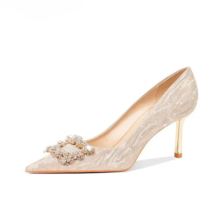 Crelinkxlat Fashion Elegance Pointed Toe, Timeless Crystal Square Diamond Slim Heel High Heels Women's-0