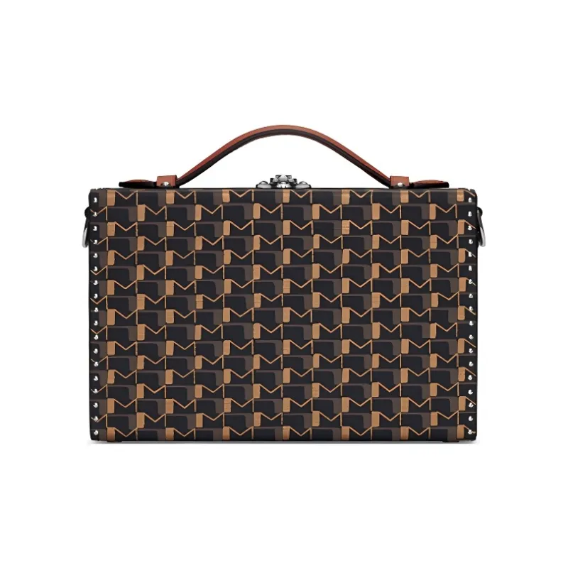 Moynat Canvas Hard Case Clutch Handbag Unisex Charcoal Black Brown-0