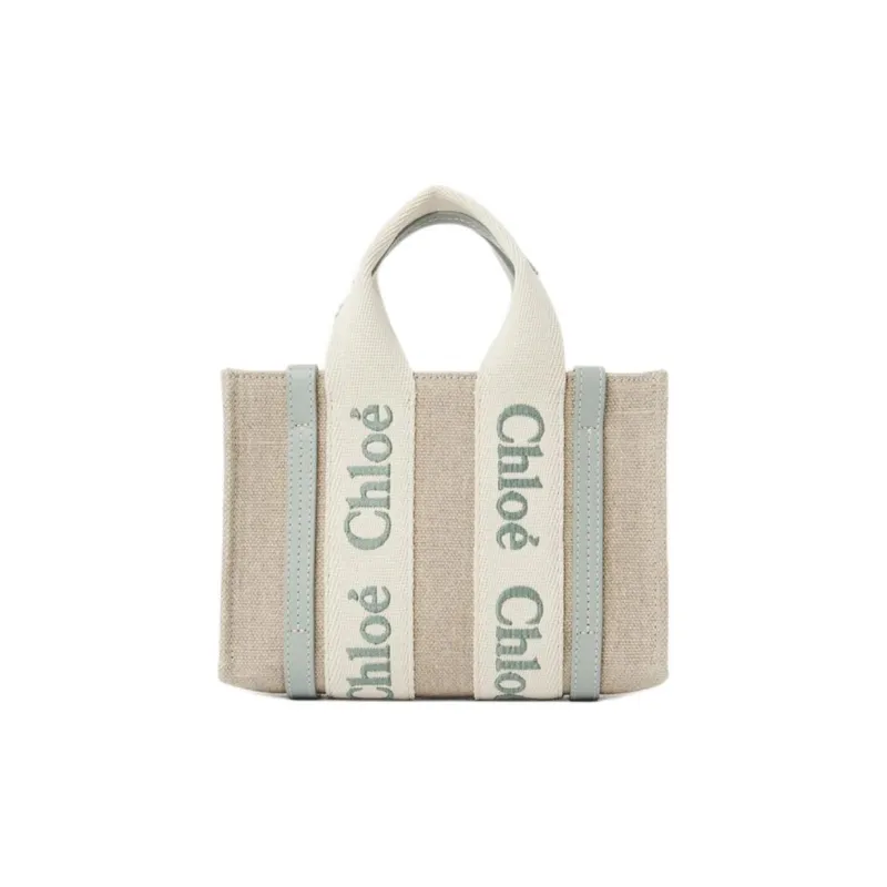 Chloe Woody Linen Tote Bag, Shopping Bag, Handbag Mini Women's Blue Green-0