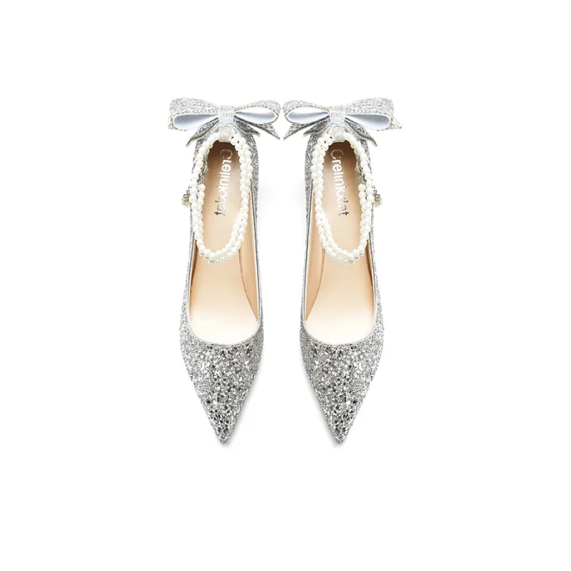 Crelinkxlat French Fairy Soft Princess Crystal Unlined Shoes Slim Heel High Heels Women's-21