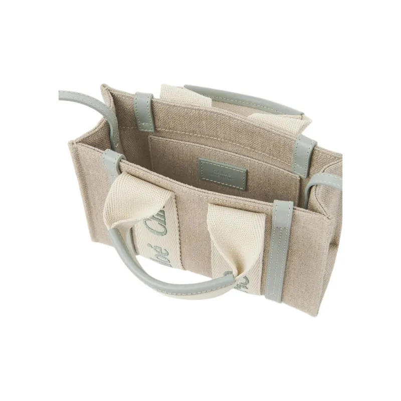 Chloe Woody Linen Tote Bag, Shopping Bag, Handbag Mini Women's Blue Green-3