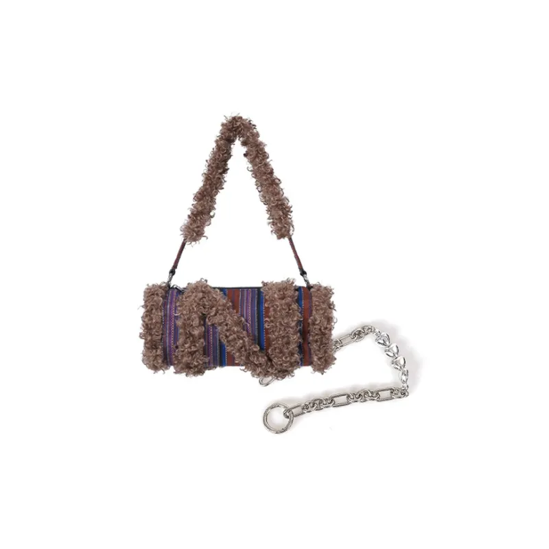 REBIRTH Denim Fabric With Eco Friendly Fleece Crossbody Cylinder Underarm Shoulder Bag Women's Multicolor-4