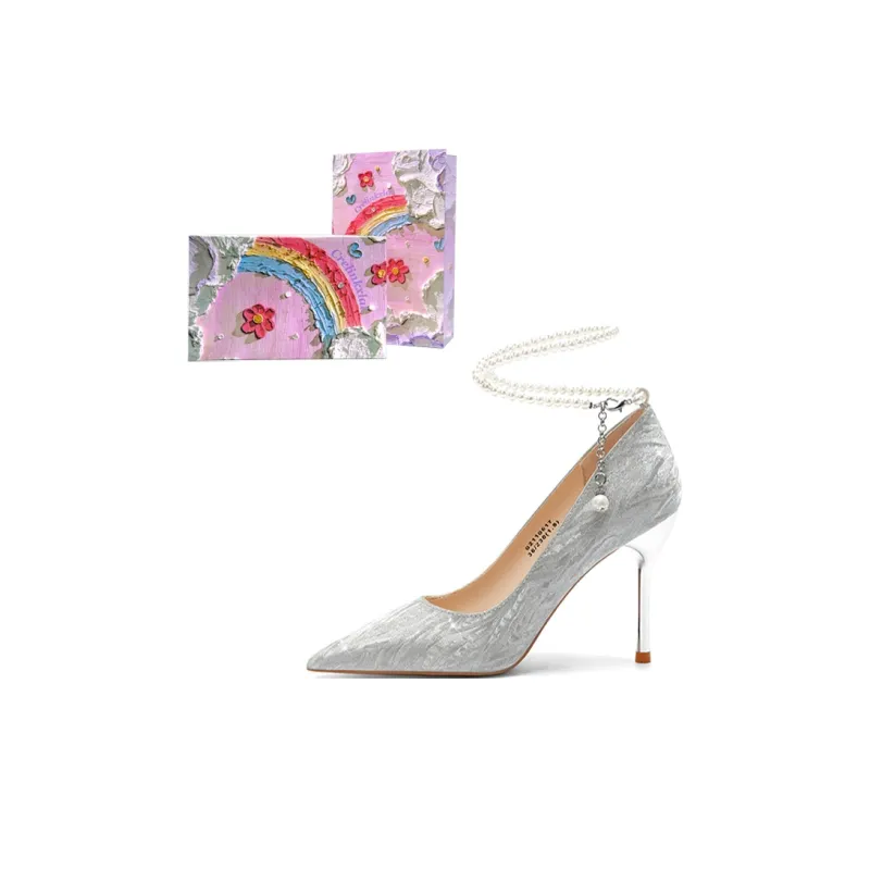Crelinkxlat Rhinestone Butterfly Slim Heel High Heels Women's Silver-11