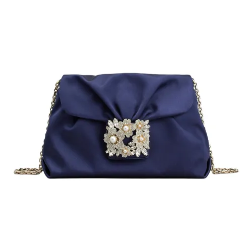 Roger Vivier RV BOUQUET STRASS Silk Satin Shoulder Bag Clutch Mini Women's Blue