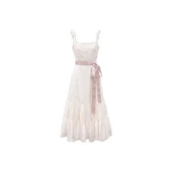 GUOZHEN Slip Dresses Women's Pink Polka Dot Maxi Skirt