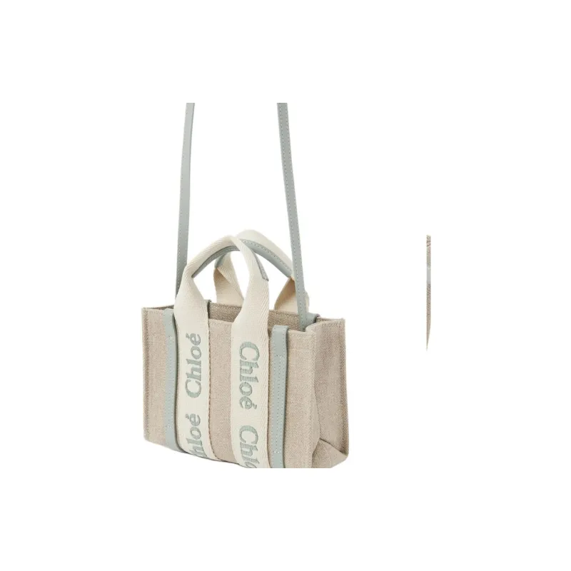 Chloe Woody Linen Tote Bag, Shopping Bag, Handbag Mini Women's Blue Green-2