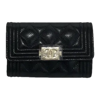 CHANEL LEBOY Grained Embossed Cow Leather Card Holder Coin Purse Women's Black