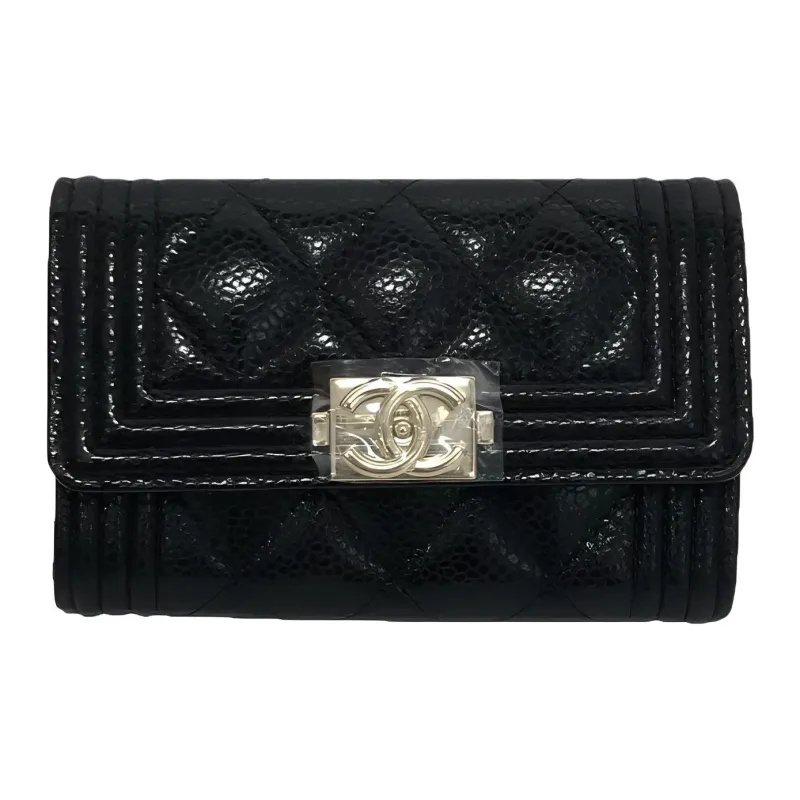 CHANEL LEBOY Grained Embossed Cow Leather Card Holder Coin Purse Women's Black-0