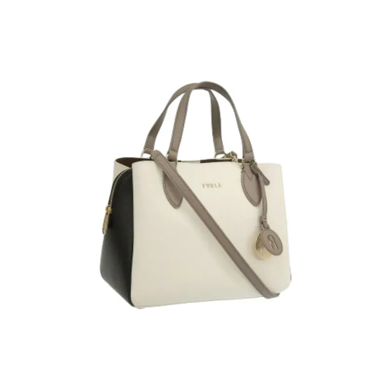 Furla Leather Tote Bag, Shopping Bag, Shoulder Bag, Handbag Trumpets Women's Talc & Black-1