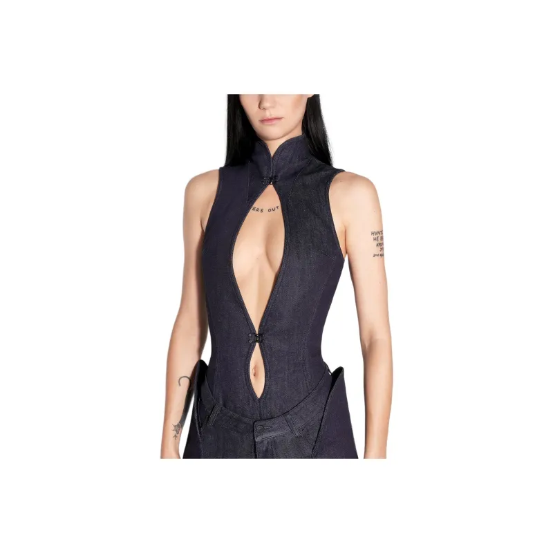 Mugler Cut out Denim Bodysuit-0