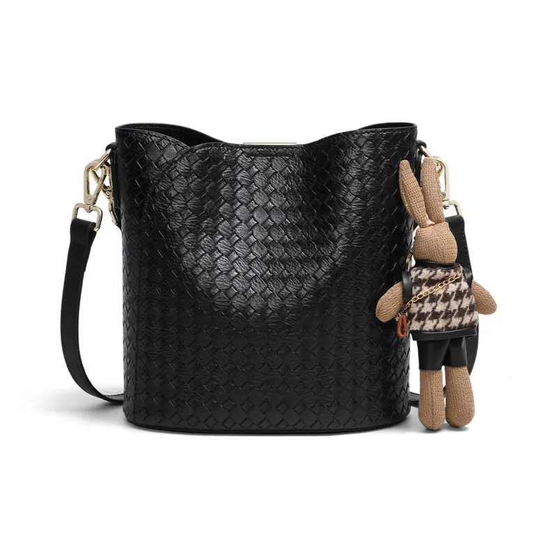 PT'SON Cow Leather Bucket Bag, Shoulder Bag, Crossbody Bag, Handbag Regular Women's Black-4