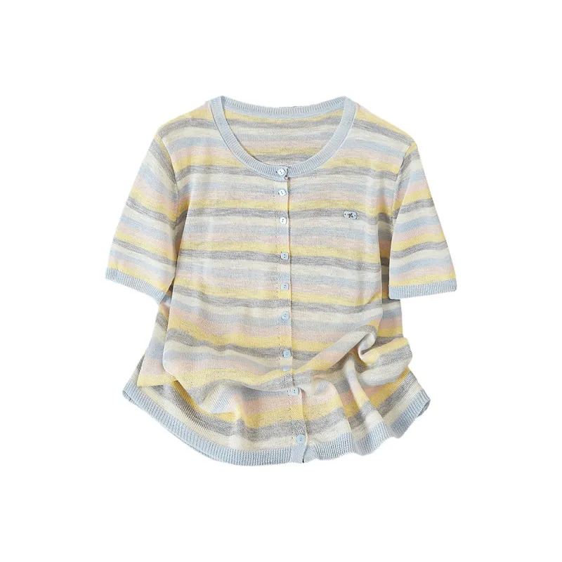 TOUCH Knitwear Women's Blue Collar Color Stripes-0