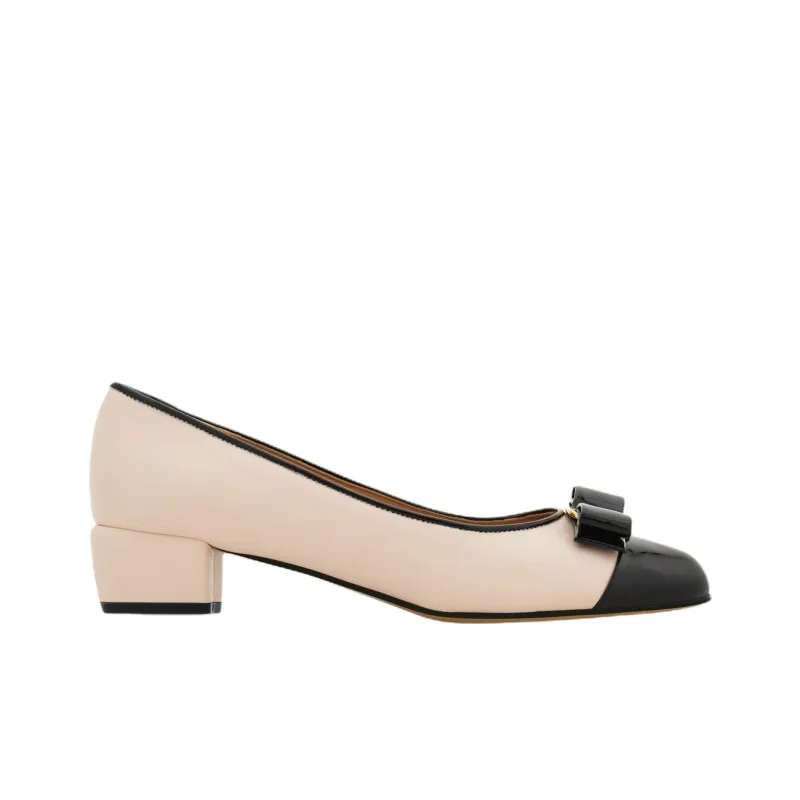 FERRAGAMO Vara Block Heel High Heels 3cm Women's Beige-1