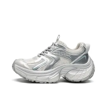 EXULL Q Slip Resistant, Breathable, Lightweight, Height Increasing Low Top Chunky Sneakers Women's Silver