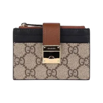 GUCCI GG Supreme Leather Card Holder Women's Beige & Ebony