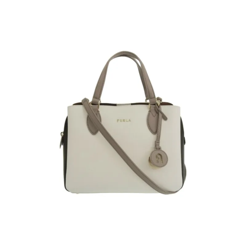 Furla Leather Tote Bag, Shopping Bag, Shoulder Bag, Handbag Trumpets Women's Talc & Black-0