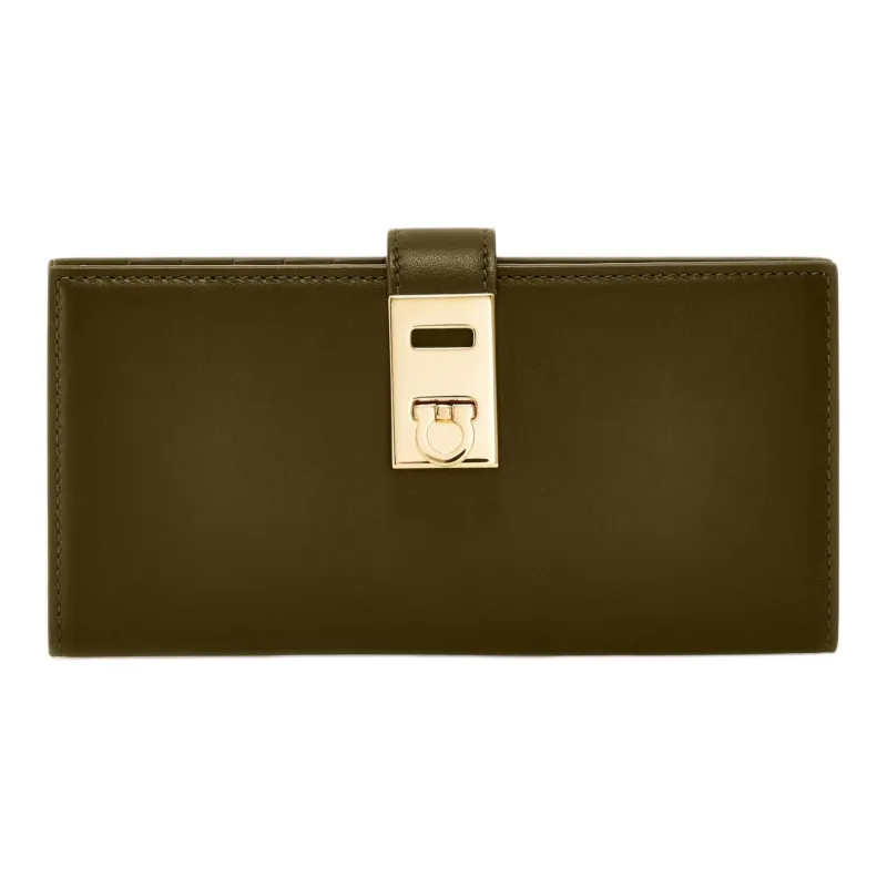 FERRAGAMO Hug Calfskin Wallet Women's Olive Green-0