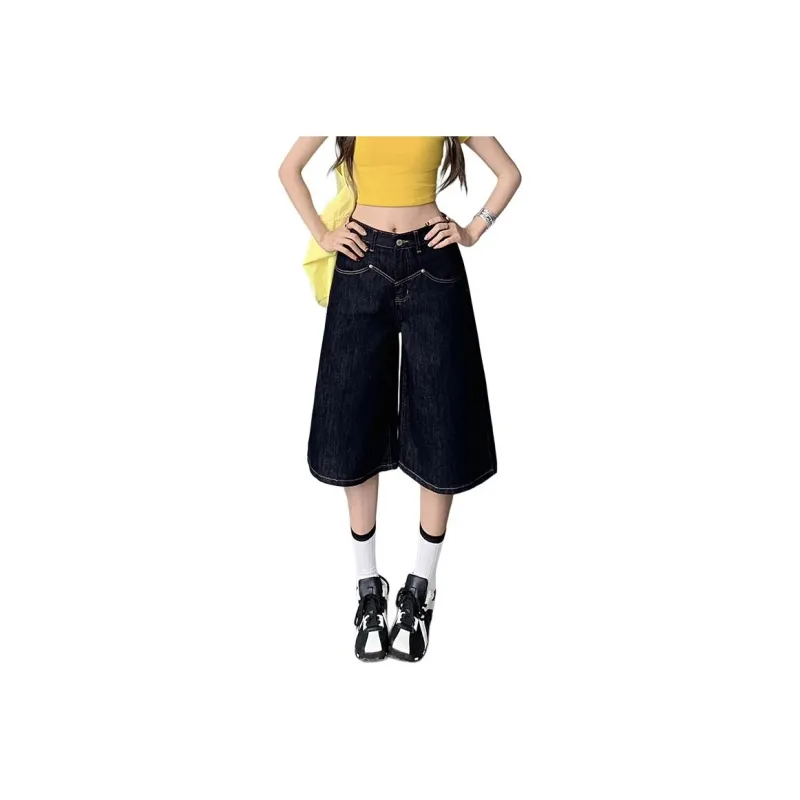 Wen Shan Denim Shorts Women's Denim Blue Capri Pants-0