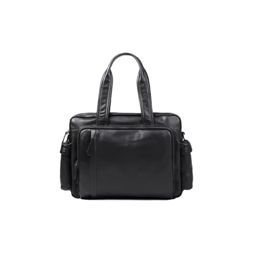 PESASRIE Top Grain Cow Leather Handbag Briefcase Men's Black