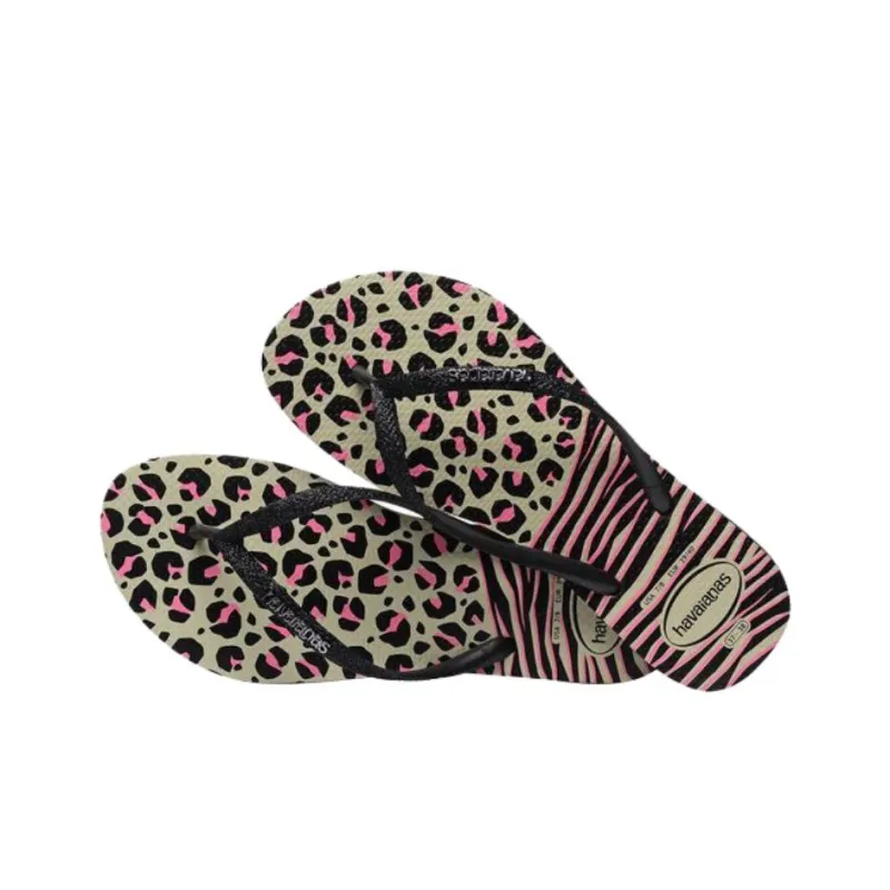 Havaianas Slim Animals Rubber Sole Abrasion Resistant Flip Flops Women's Black Green-3