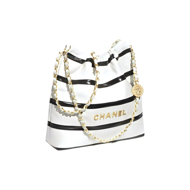CHANEL Bright Calfskin Handbag, Shoulder Bag Regular Women's White & Black-1