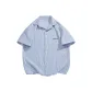 [Short-Sleeved Stripes Shirt]Blue White Stripes (with Red Beans Black Chest Logo)