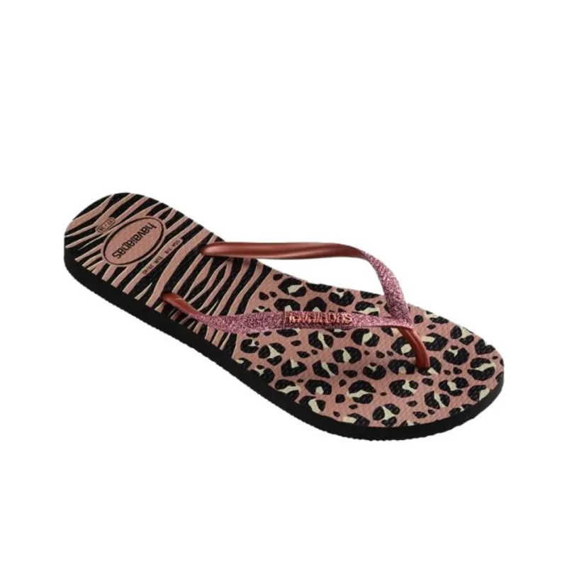 Havaianas Slim Animals Rubber Sole Abrasion Resistant Flip Flops Women's Black Pink-1