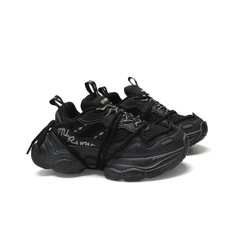 STUR YSN Abrasion Resistant Breathable Low Top Chunky Sneakers Unisex Black Distressed-5