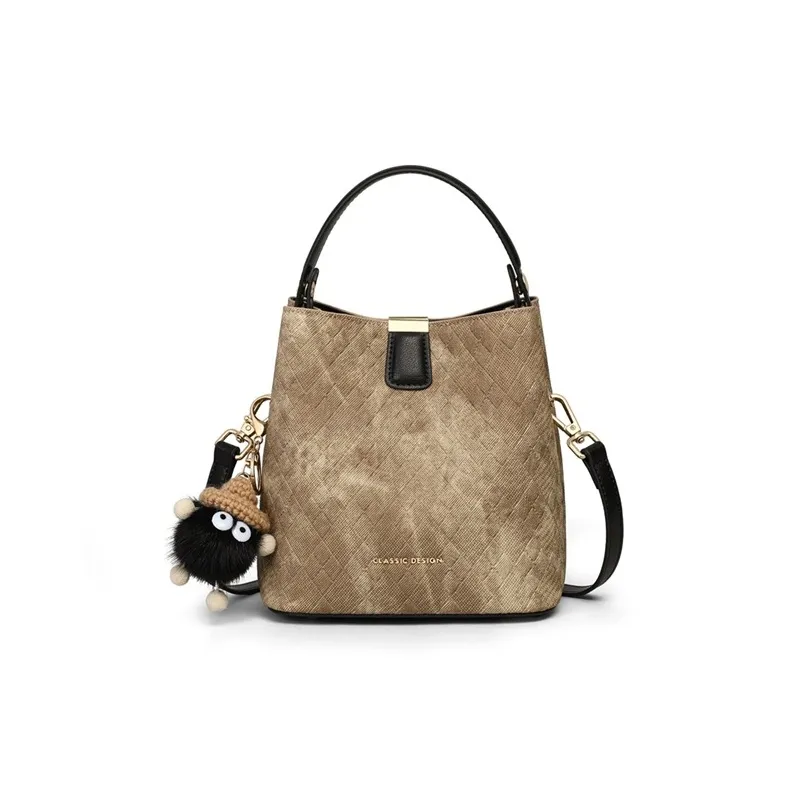 CNNCOO Cow Leather With Synthetic Leather Bucket Bag Handbag Women's Gray-5