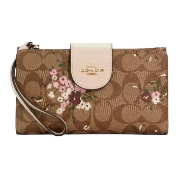 COACH Tech Wallet Canvas With Leather Card Wallet Wrist Bag Coin Purse Clutch Women's Brown