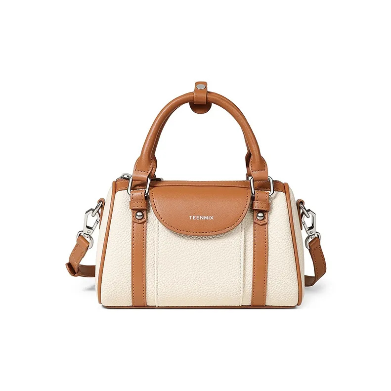 Teenmix Cow Leather With Synthetic Leather Shoulder Bag, Handbag Women's Black & Ecru & Brown-5