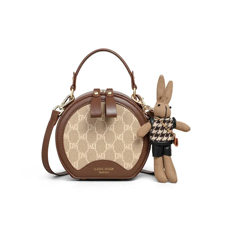 CNNCOO Synthetic Leather Small Round Bag, One Shoulder Handbag Women's Coffee-4