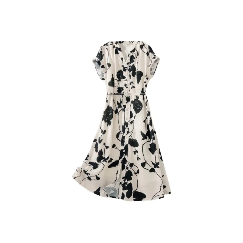 IHIMI Short Sleeved Dress Women's Beige With Black Floral-0