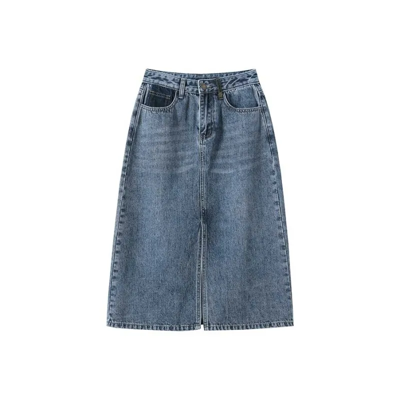 FAWENXIANGZI Denim Long Skirt Women's Vintage Blue-0