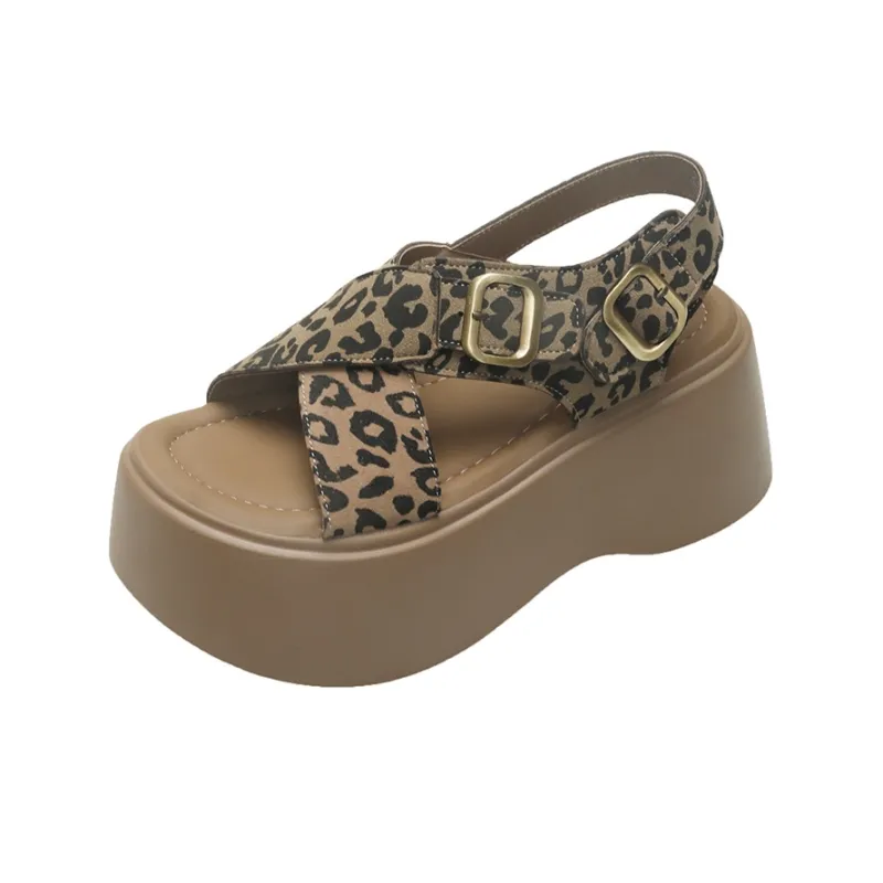 AJPAP Beach Sandals Women's Leopard Print Brown Black-0