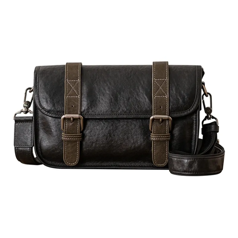 Back Step Vegetable Tanned Top Grain Cow Leather Crossbody Bag, Shoulder Bag Regular Men's Black-0