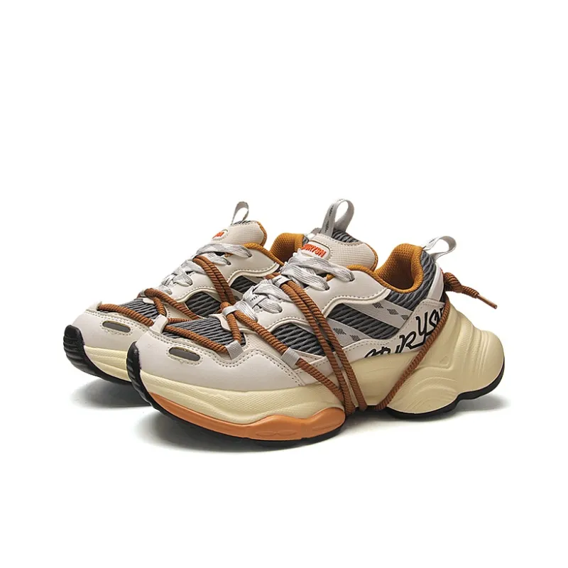 STUR YSN Abrasion Resistant Breathable Low Top Chunky Sneakers Unisex Beige Orange-4