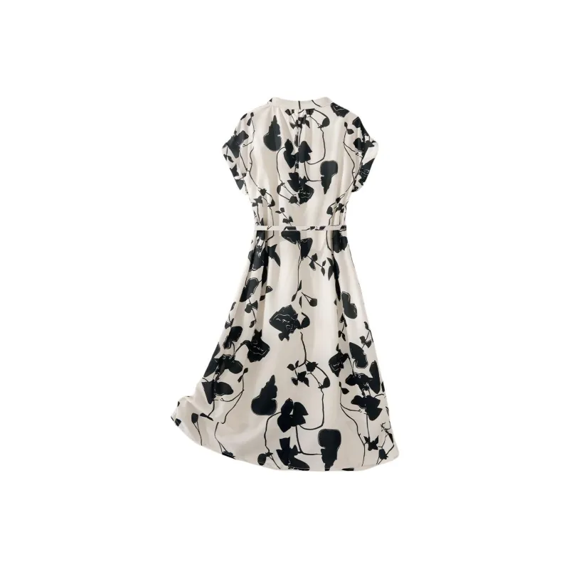 IHIMI Short Sleeved Dress Women's Beige With Black Floral-1