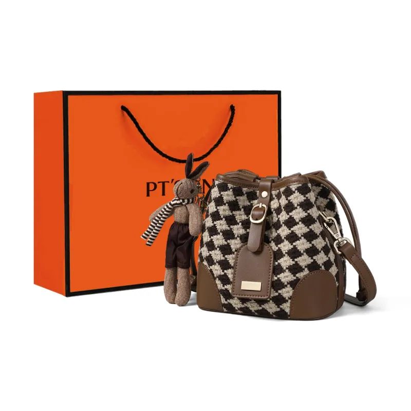 PT'SON Fabric Bucket Bag, Shoulder Bag, Crossbody Bag Regular Women's Brown-0