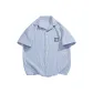 [Short-Sleeved Stripes Shirt]Blue White Stripes (Minimalist Line Chest Logo)