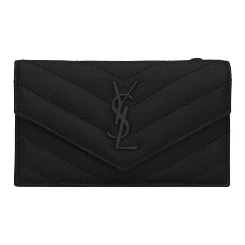 SAINT LAURENT CASSANDREMonogram Leather Cow Leather Coin Purse Card Clip Card Holder Women's Black