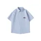 [Short-Sleeved Stripes Shirt]Blue and White Stripes (Gradient Text Chest Logo)