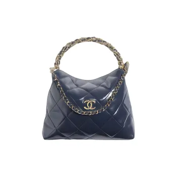 CHANEL Shiny Lamb Oiled Leather Lunch Bag, Shoulder Bag, Crossbody Bag, Handbag Women's Dark Blue