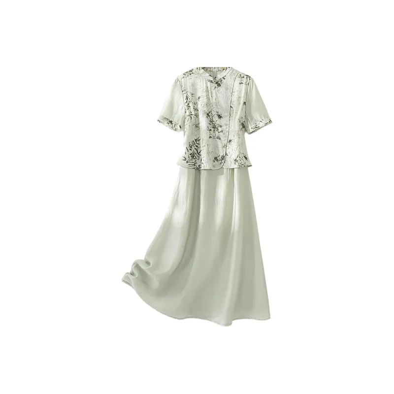 IHIMI Short Sleeved Dress Women's Elegant Aqua Green-0