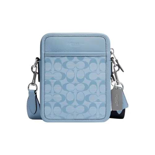 COACH Sullivan Jacquard Fabric With Pebbled Leather Accents Shoulder Bag Crossbody Bag Small Size Men's Light Blue
