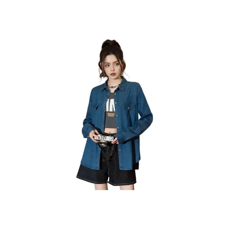 FAWENXIANGZI Shirts Women's Dark Blue-0