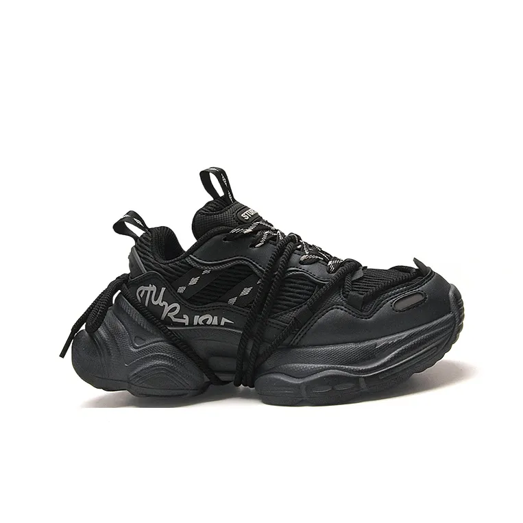 STUR YSN Abrasion Resistant Breathable Low Top Chunky Sneakers Unisex Black Distressed-1
